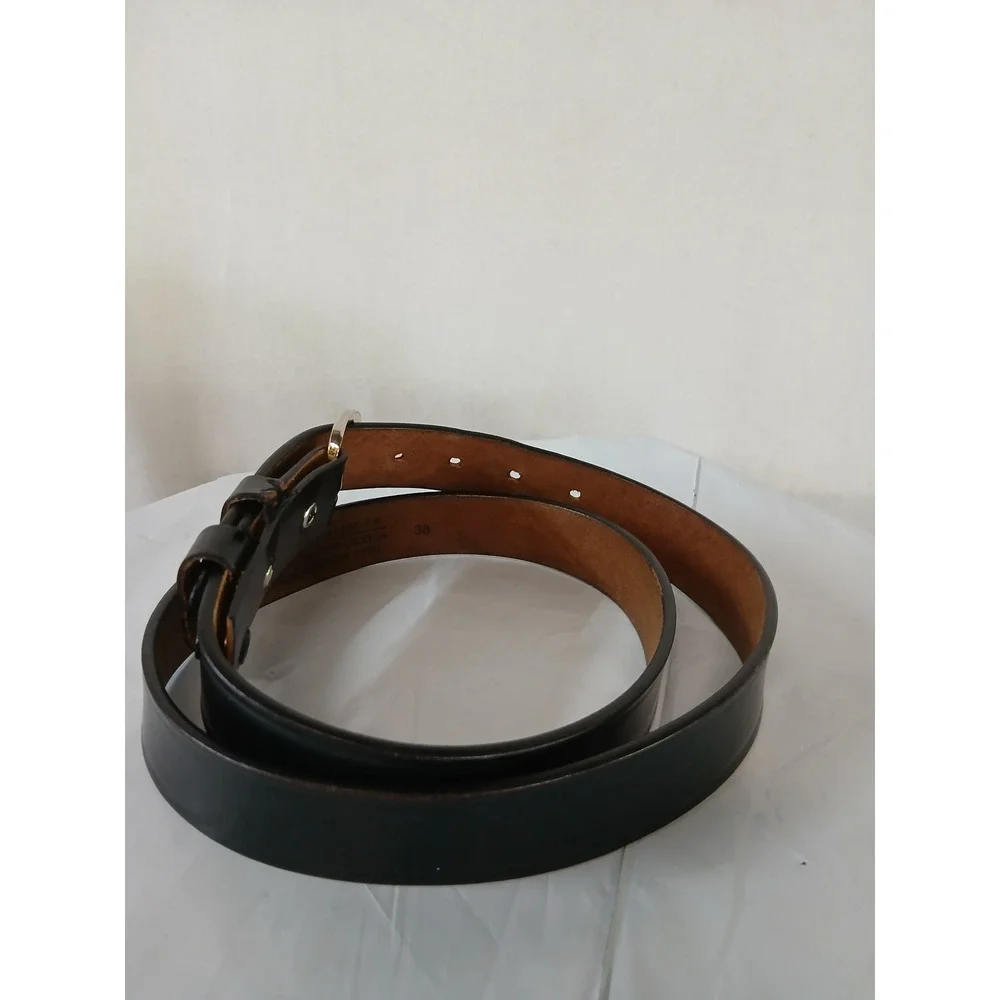Mens Black Leather Belt Gold Horseshoe Buckle Snap On Size 38 Classic Workwear